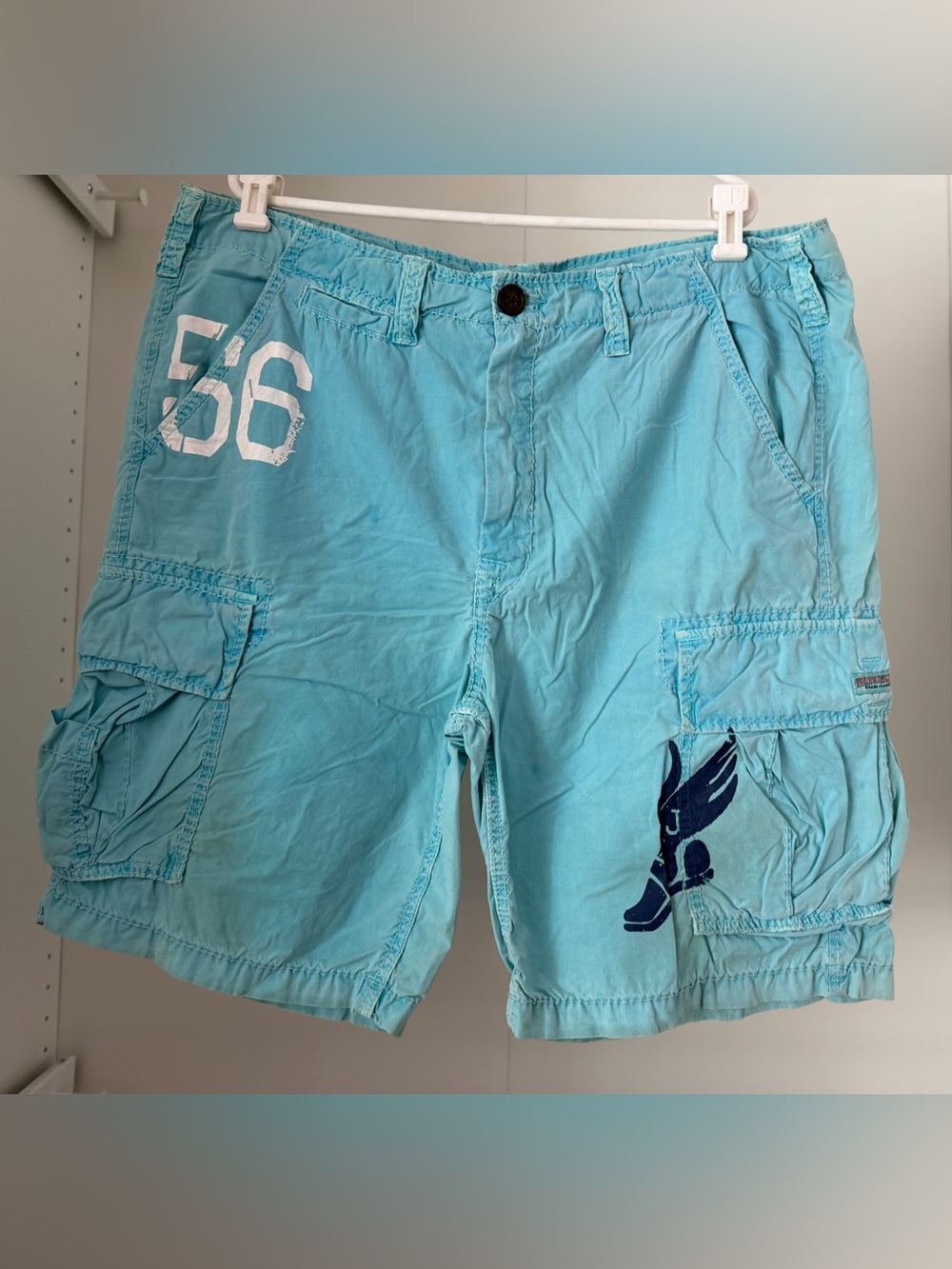 True Religion Turquoise Cargo Shorts with Graphic Accents